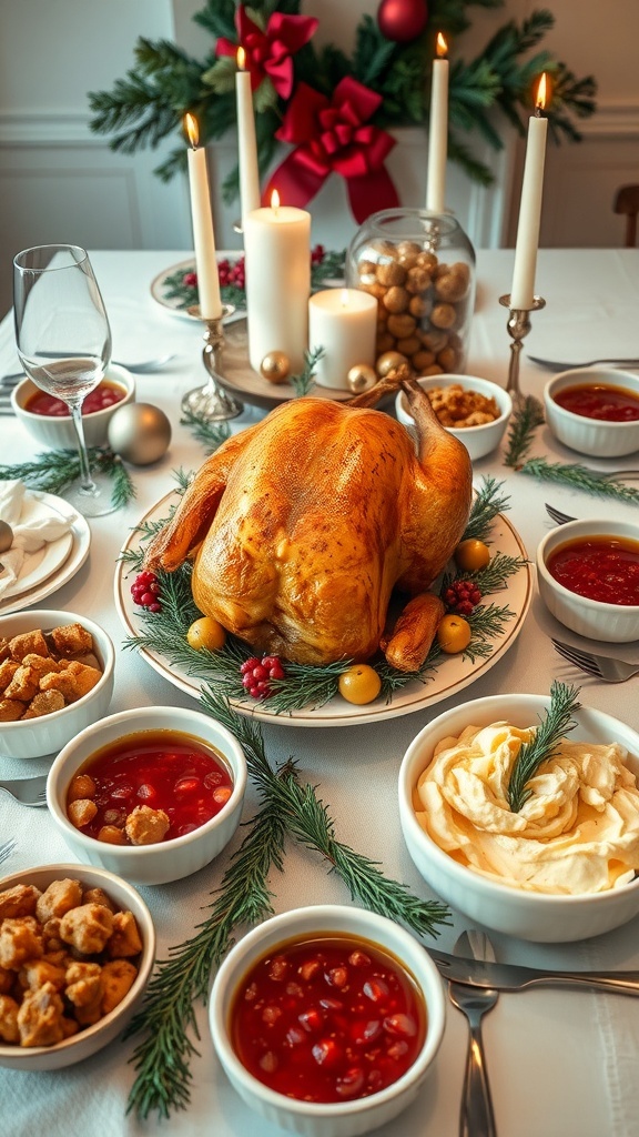 A festive Christmas dinner table with roasted turkey, stuffing, mashed potatoes, and cranberry sauce, decorated with candles and greenery.